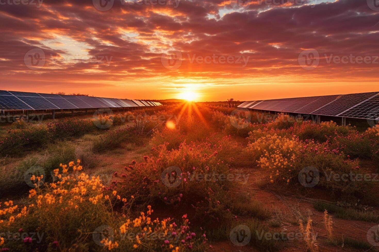 Beautiful sunset over Solar Farm with sunset in the background photo