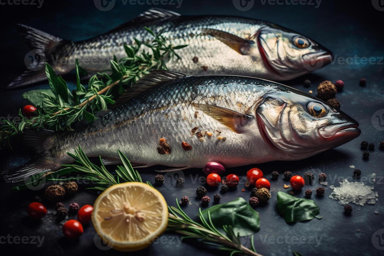 delicioso Fresco pescado en oscuro Clásico antecedentes. pescado con aromático hierbas, especias y vegetales - sano alimento, dieta o Cocinando concepto ai generado foto