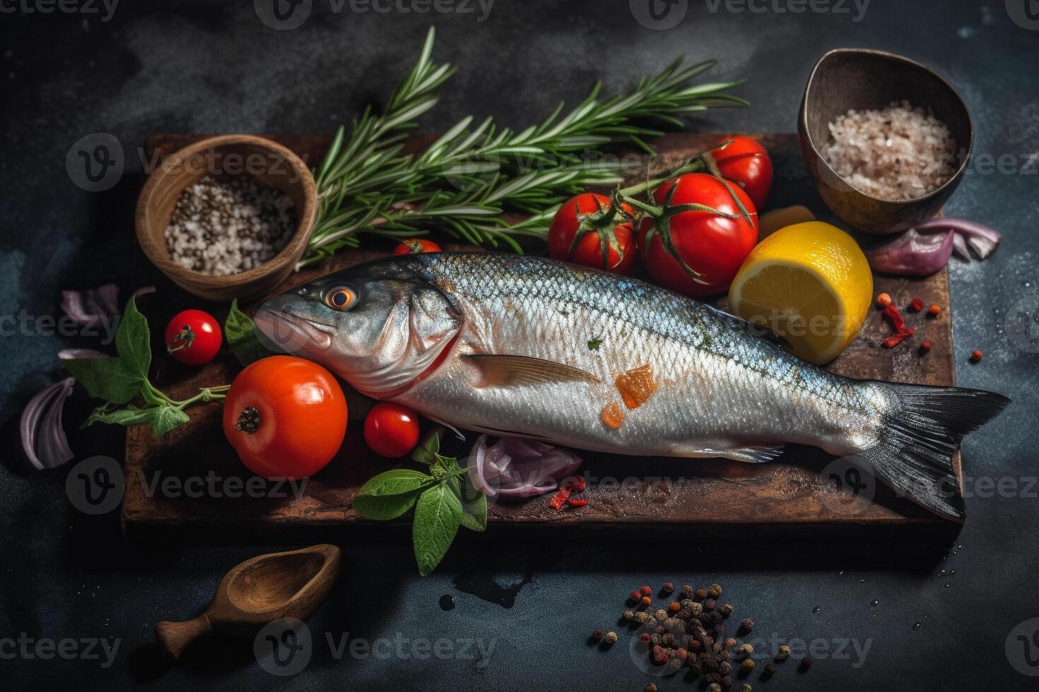 Delicious fresh fish on dark vintage background. Fish with aromatic herbs, spices and vegetables - healthy food, diet or cooking concept photo