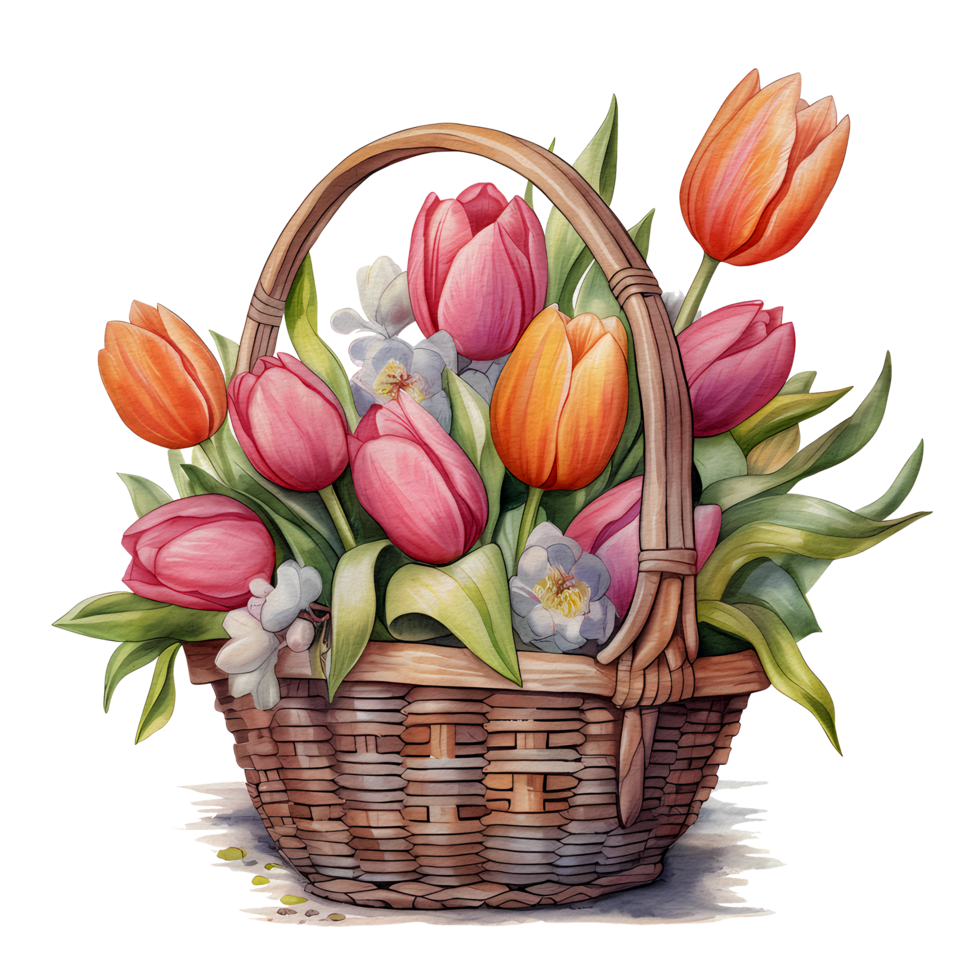 Aquarell schön Tulpen, Tulpen Blume Korb, ai generativ png