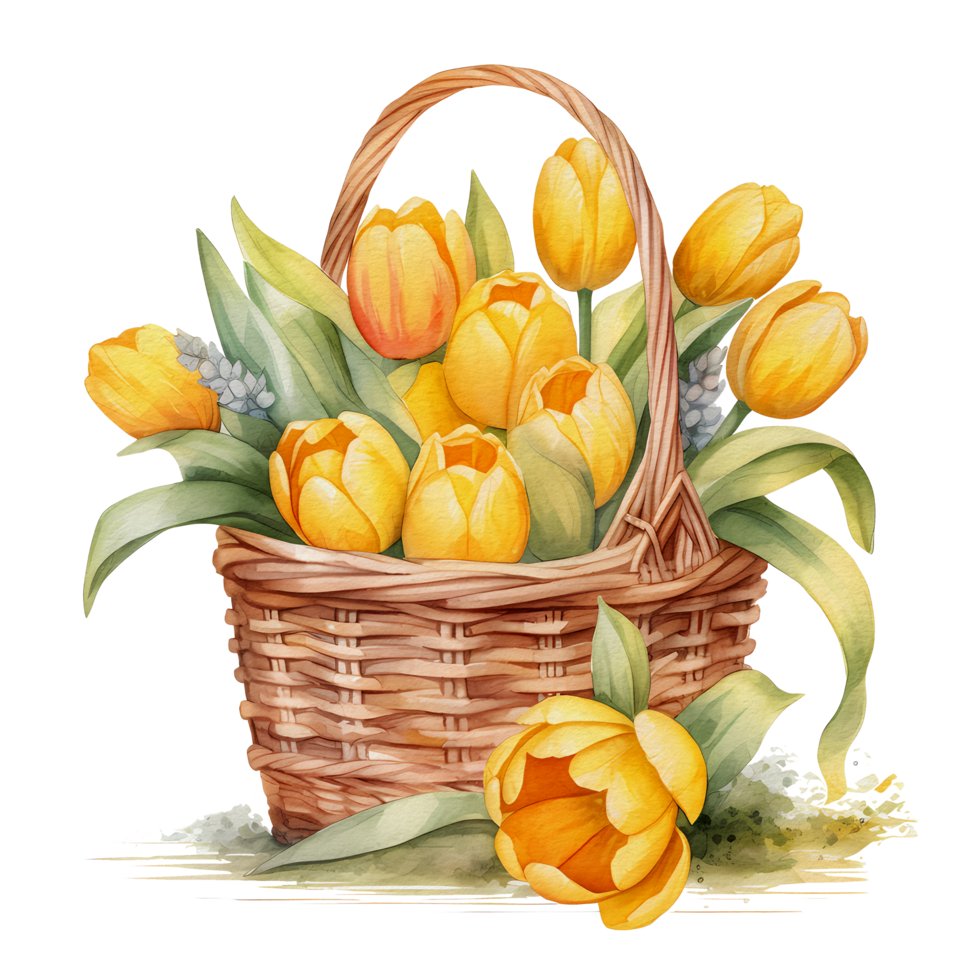 watercolor beautiful yellow tulips, tulips flower basket, AI Generative png