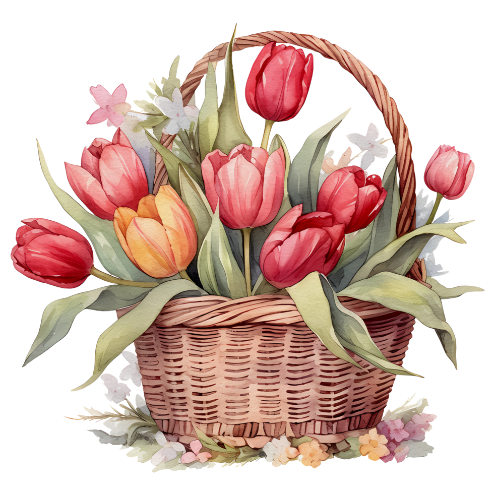 watercolor beautiful tulips, tulips flower basket, AI Generative png