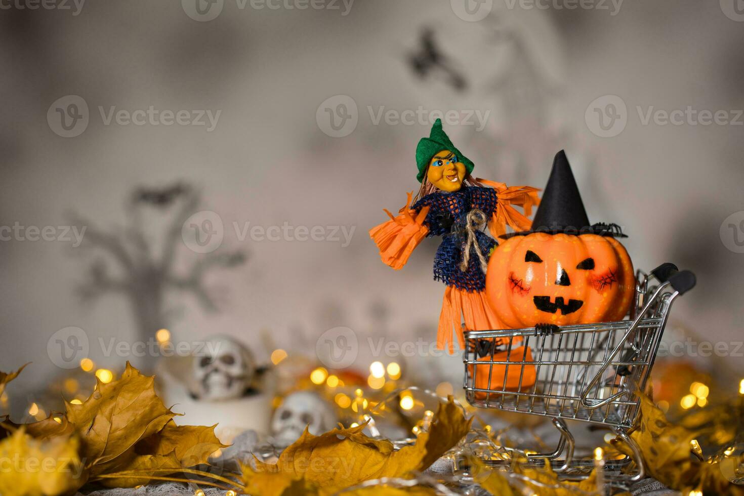 Witch and orange pumpkin in black hat in the small shopping cart. Closeup photo