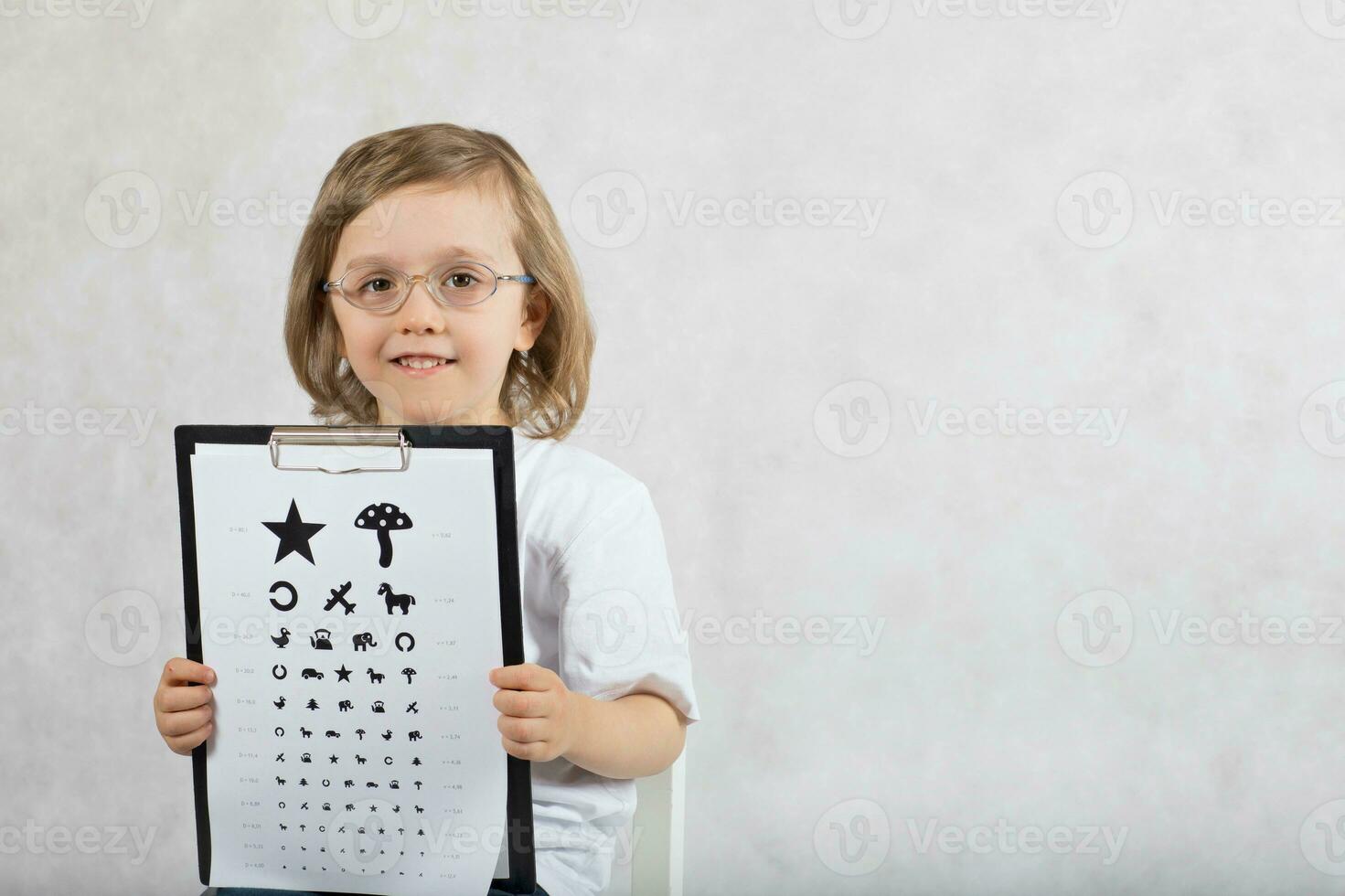 Ophtalmologist checks vision of 5 years old boy photo