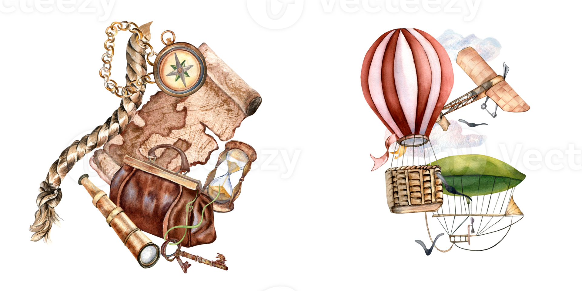 Composition of adventure items, hot air balloon watercolor illustration. Compass, spyglass, map, handbag, aircraft hand drawn. Childish design, print for boy's, vintage postcard. png