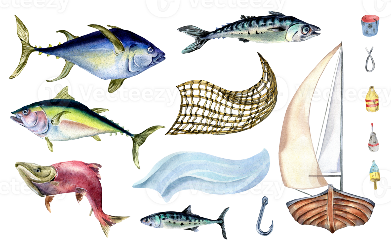Set of various fresh sea fish watercolor illustration. Fishing boat and mackerel, salmon, tuna, trout hand drawn. Design element for cookbook, signboard, menu, market, packaging. png
