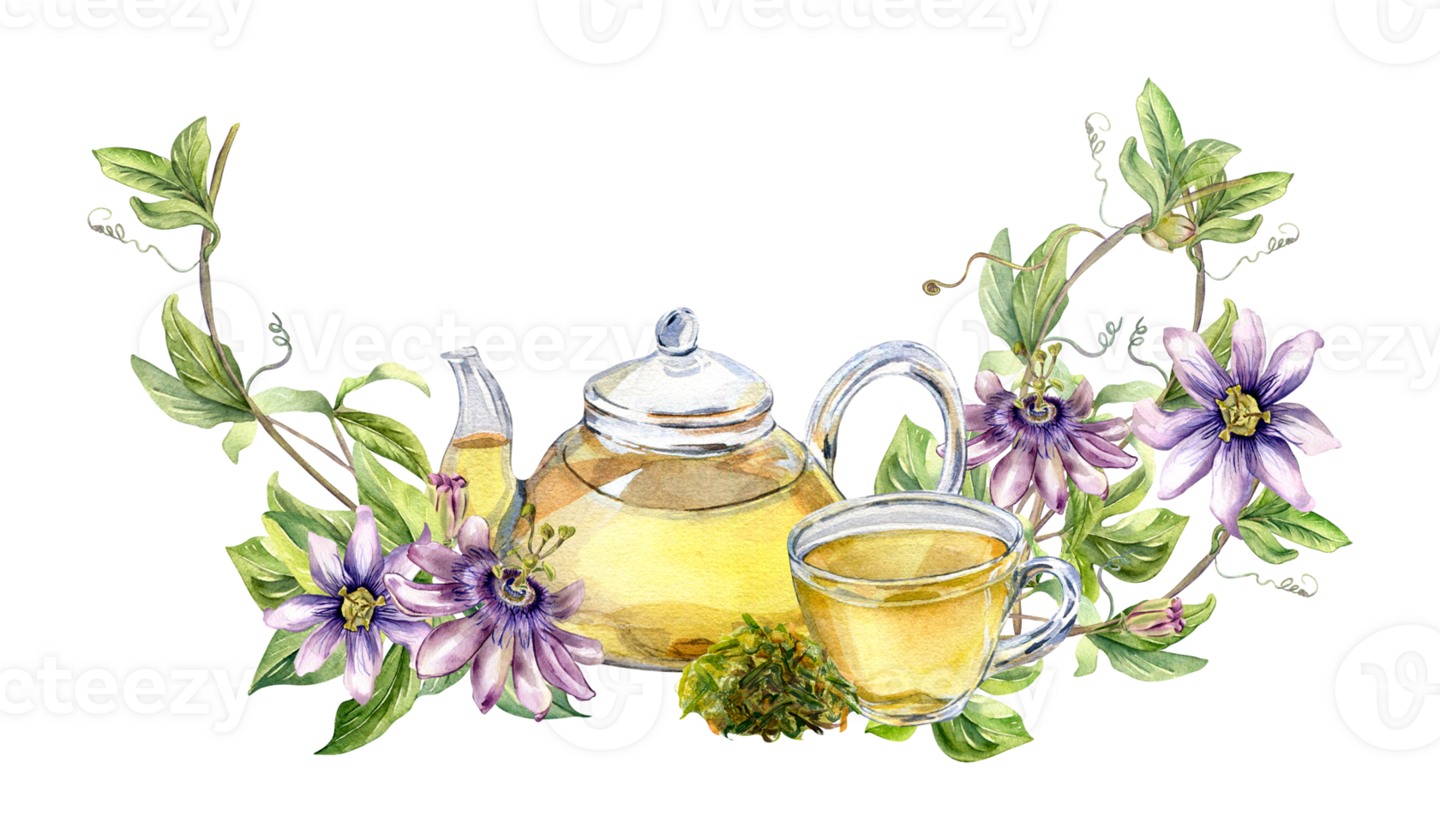 samenstelling van glas theepot en beker, passie bloem, stam waterverf illustratie. kruiden thee, Gezondheid drankje, bladeren, bloem hand- getrokken. ontwerp voor inpakken, menu, verpakking, spandoek. png