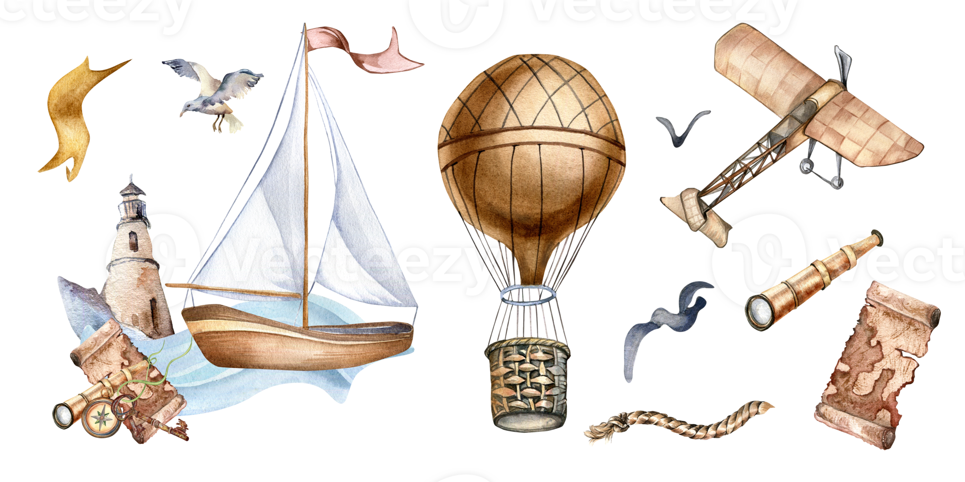 reeks van het zeilen schip, heet lucht ballon, avontuur items waterverf illustratie. verrekijker, vliegtuig, oude kaart hand- getrokken. kinderachtig ontwerp, element voor jongens kamer, afdrukken, ansichtkaart. png