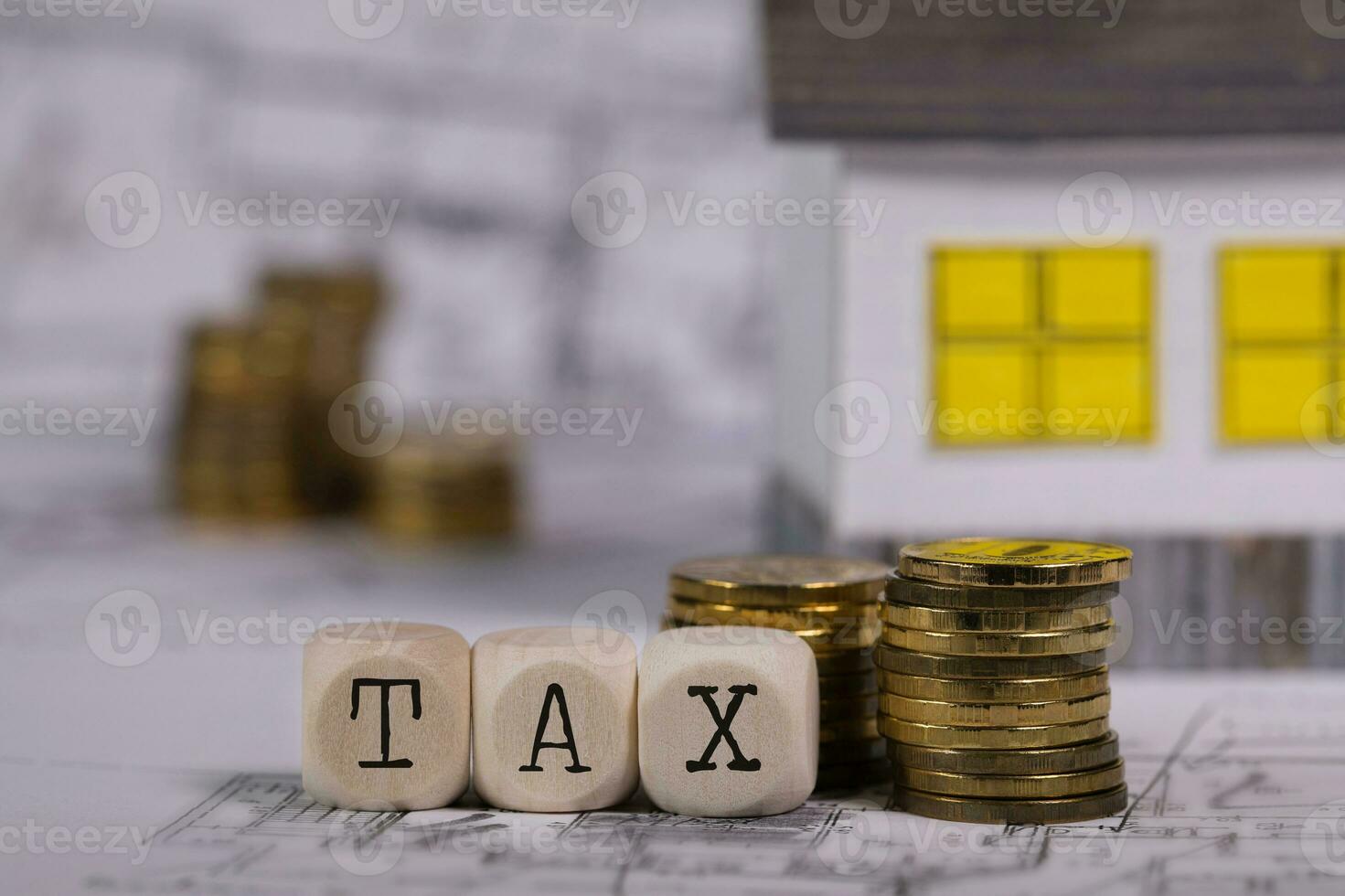 Word TAX composed of wooden letter. Small paper house in the background. photo