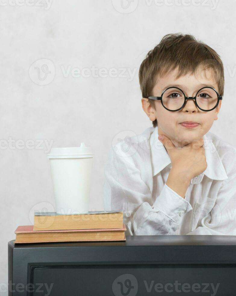 Boy and an old TV. Free space for a text. photo