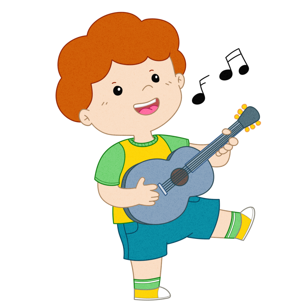 söt liten pojke tecknad serie gitarr png