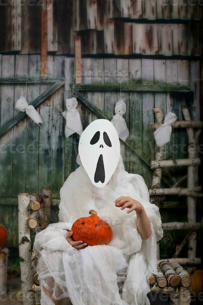 Boy of six years dressed in mummy costume. photo