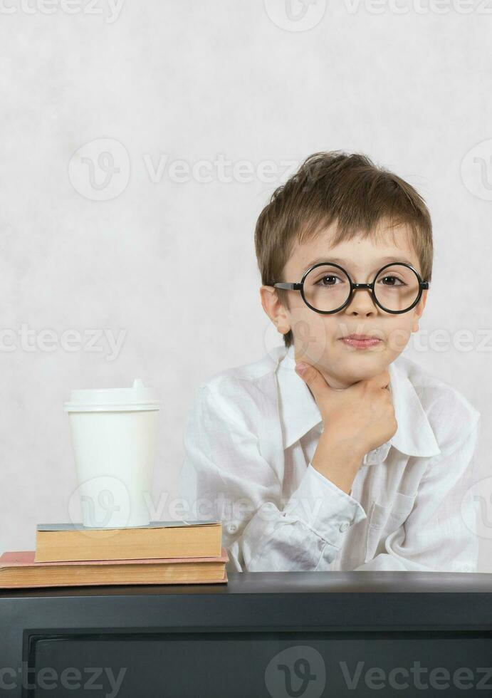 Boy and an old TV. Free space for a text. photo