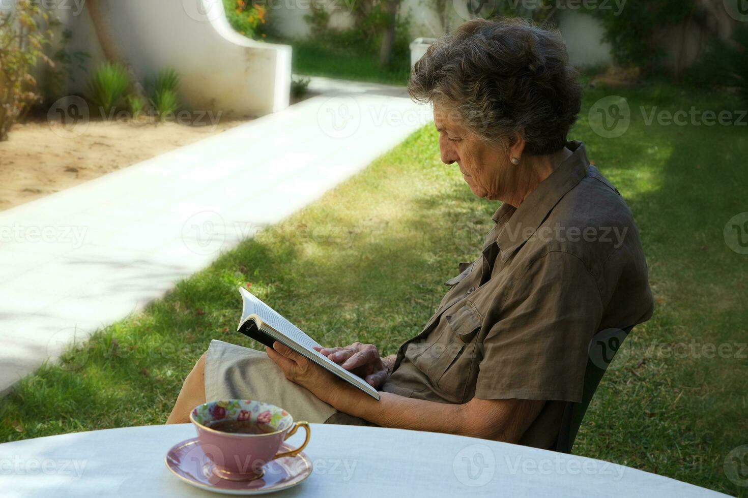 An old woman is reading a book in the garden photo