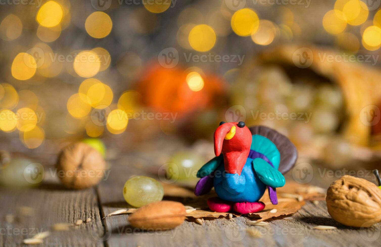 Handmade turkey on Thanksgiving background with blurred night lights. photo