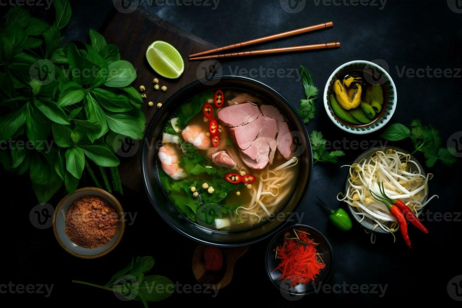 bowl food pho hot noodle japanese background vegetable meal ga asian soup. Generative AI. photo