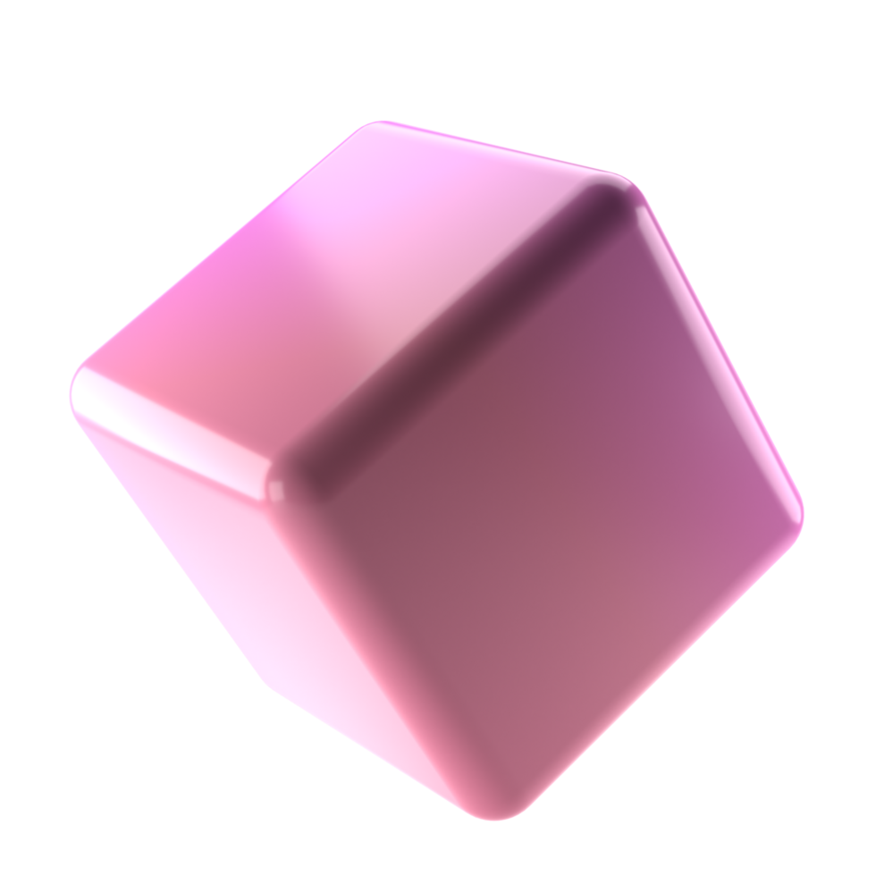3d metal cube abstract geometric shape. Realistic glossy pink and lilac gradient luxury template decorative design illustration. Minimalist bright cube mockup isolated transparent png