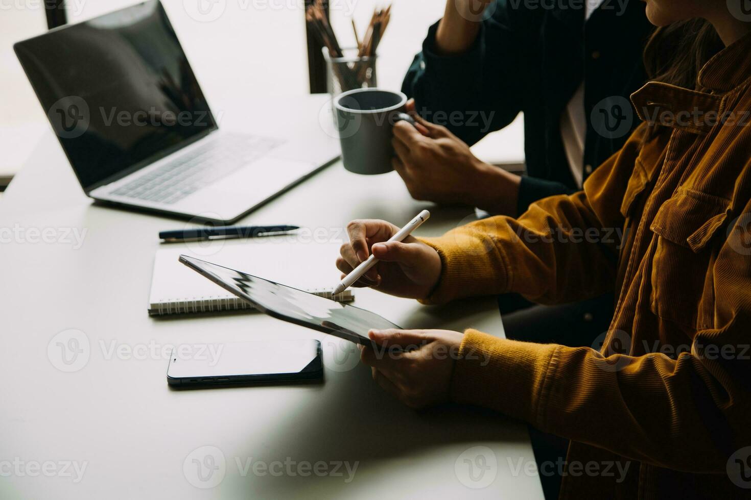 Financial Business team present. Business man hands hold documents with financial statistic stock photo, discussion, and analysis report data the charts and graphs. Finance Financial concept photo