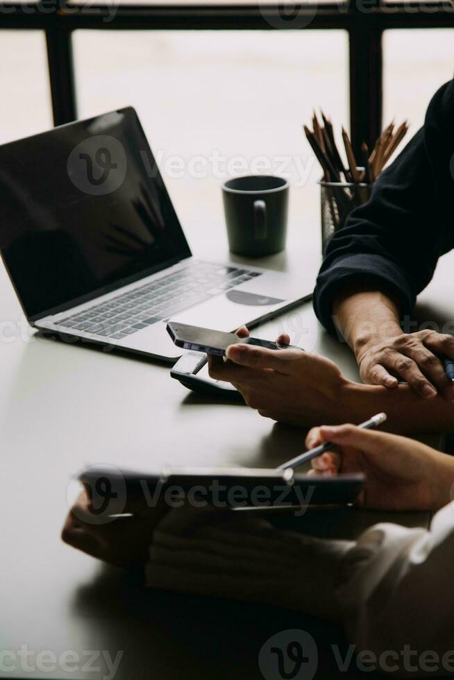 Financial Business team present. Business man hands hold documents with financial statistic stock photo, discussion, and analysis report data the charts and graphs. Finance Financial concept photo