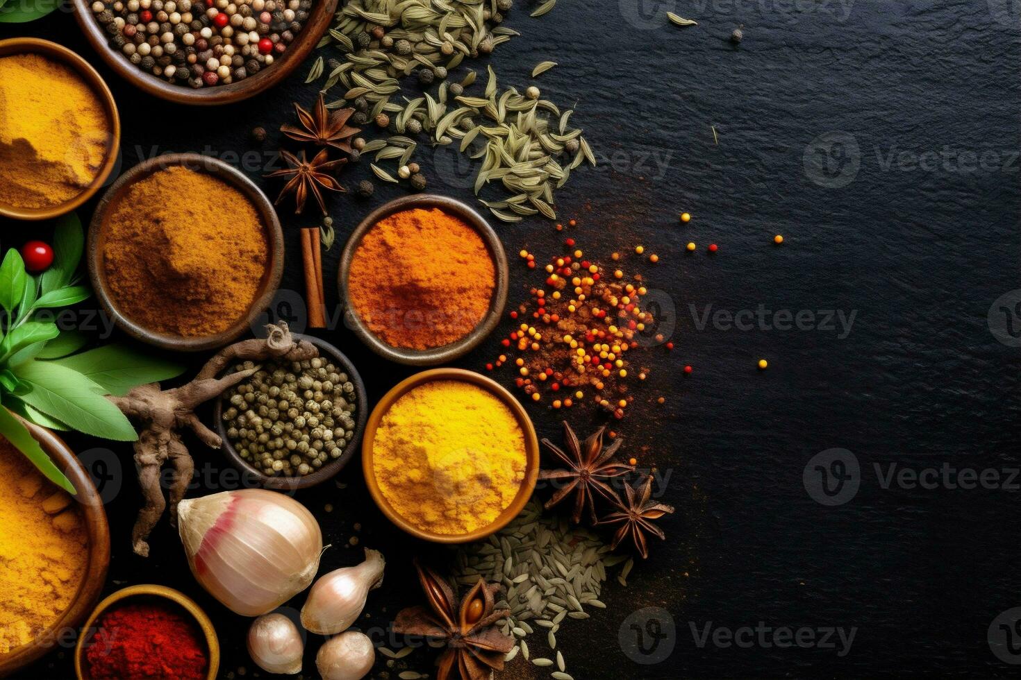 indian powder ingredient background seasoning spice herb dry table food cooking. Generative AI. photo