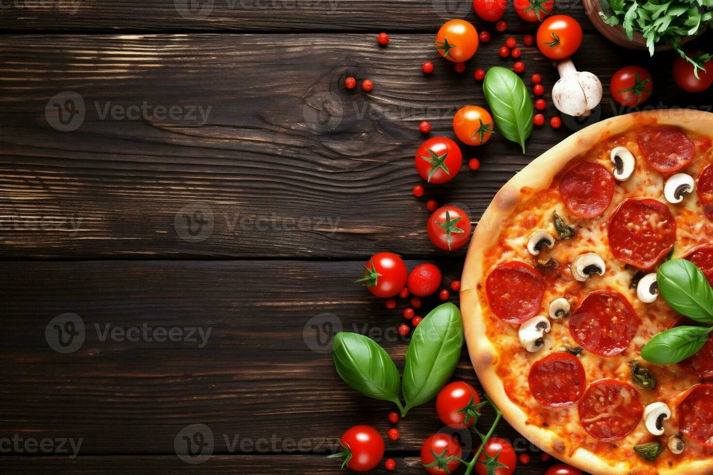 cheese pizza italian fast dough space food food meal tomato copy background black. Generative AI. photo
