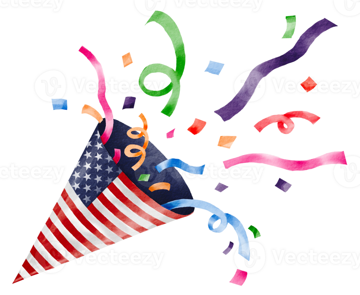 Hand painted party popper in USA flag pattern watercolor brush paint isolate on png