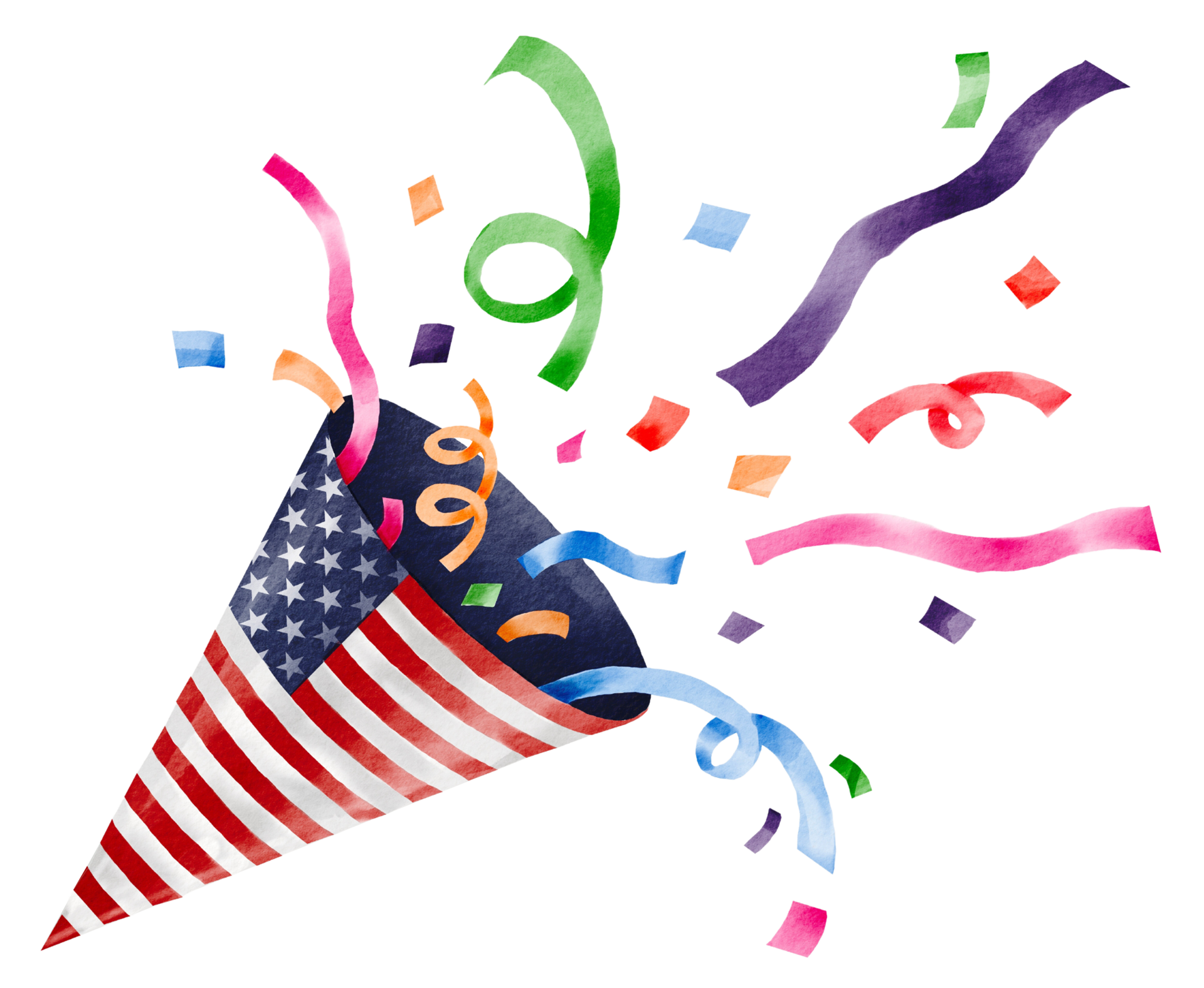 hand-painted-party-popper-in-usa-flag-pattern-watercolor-brush-paint