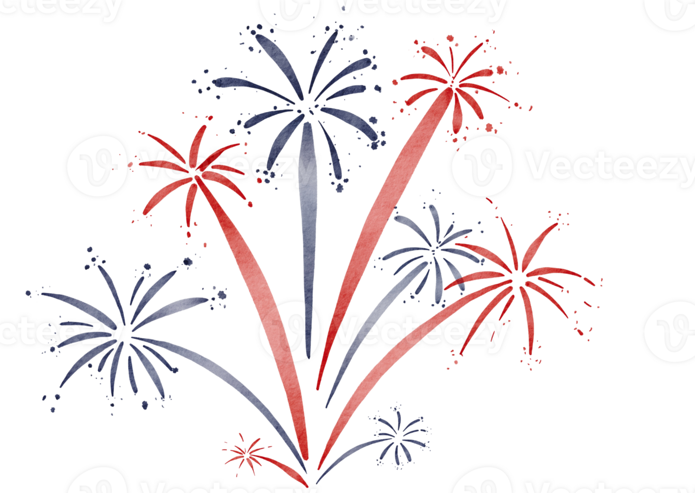 Hand draw  firework explosions in USA flag watercolor  brush paint isolate on png