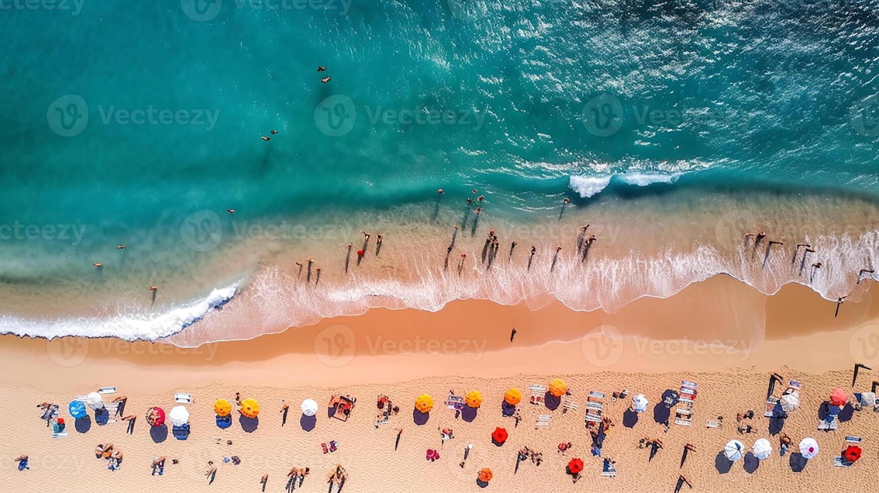 personas en el playa y mar olas parte superior ver tomando por zumbido verano vibraciones en cantó playa generativo ai foto