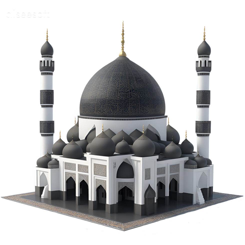 3D Render of Black Islamic Mosque with Minarets AI Generated png