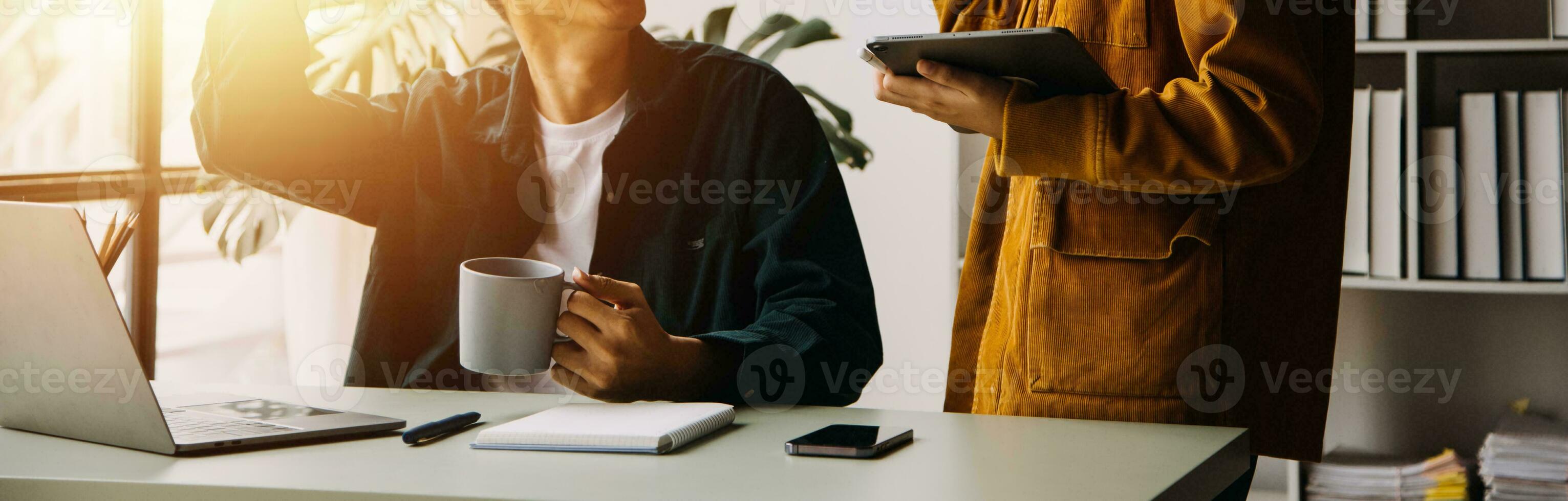 Financial Business team present. Business man hands hold documents with financial statistic stock photo, discussion, and analysis report data the charts and graphs. Finance Financial concept photo