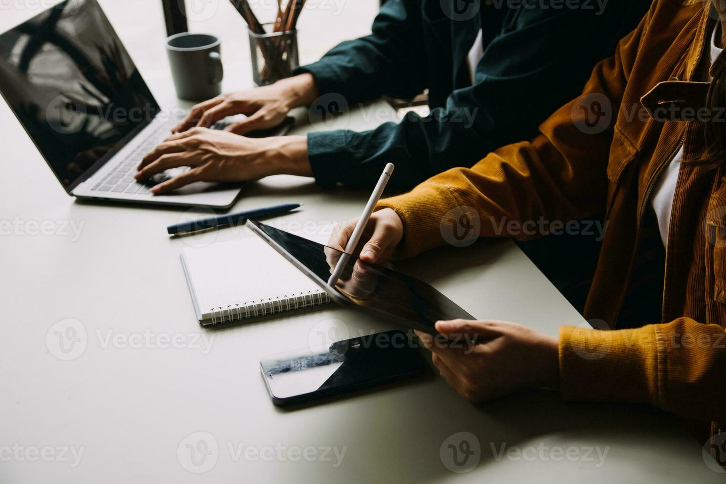 Financial Business team present. Business man hands hold documents with financial statistic stock photo, discussion, and analysis report data the charts and graphs. Finance Financial concept photo