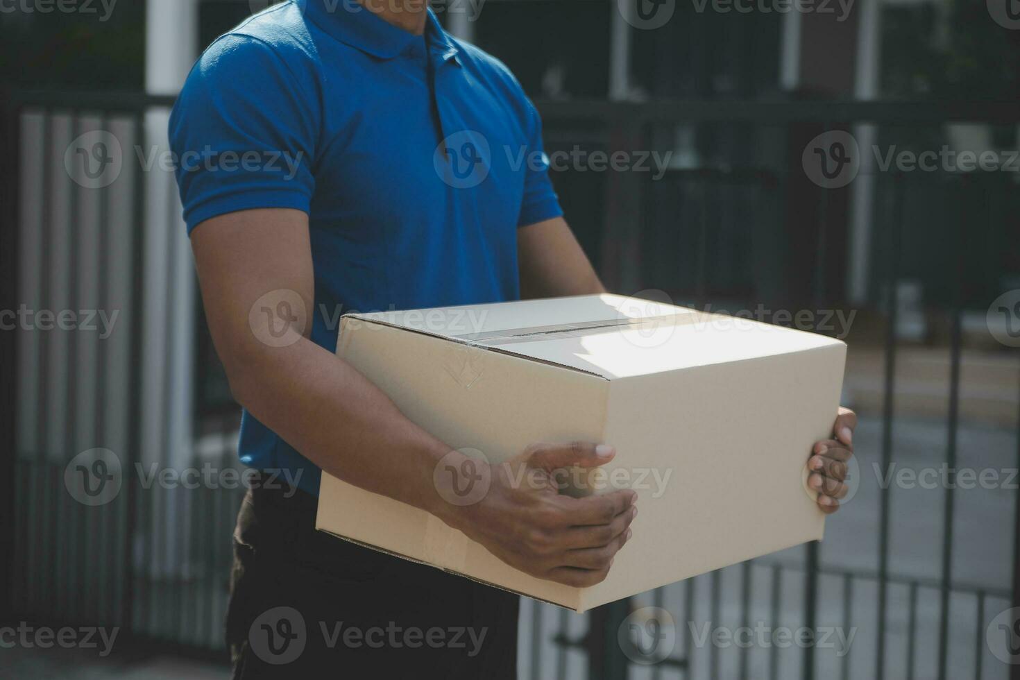 Startup small business entrepreneur of freelance Asian woman using a laptop with box Cheerful success Asian woman her hand lifts up online marketing packaging box and delivery SME idea concept photo
