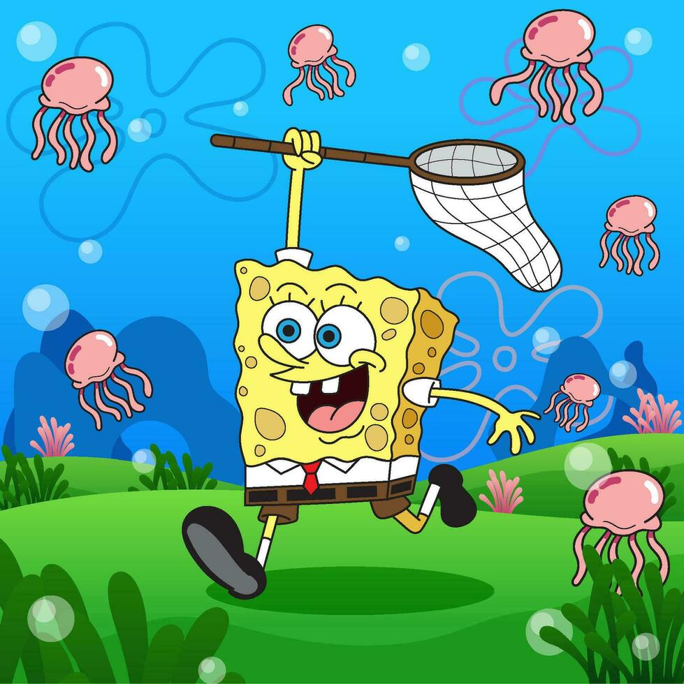 Happy Sponge Character Playing in the Underwater with Jellyfish vector