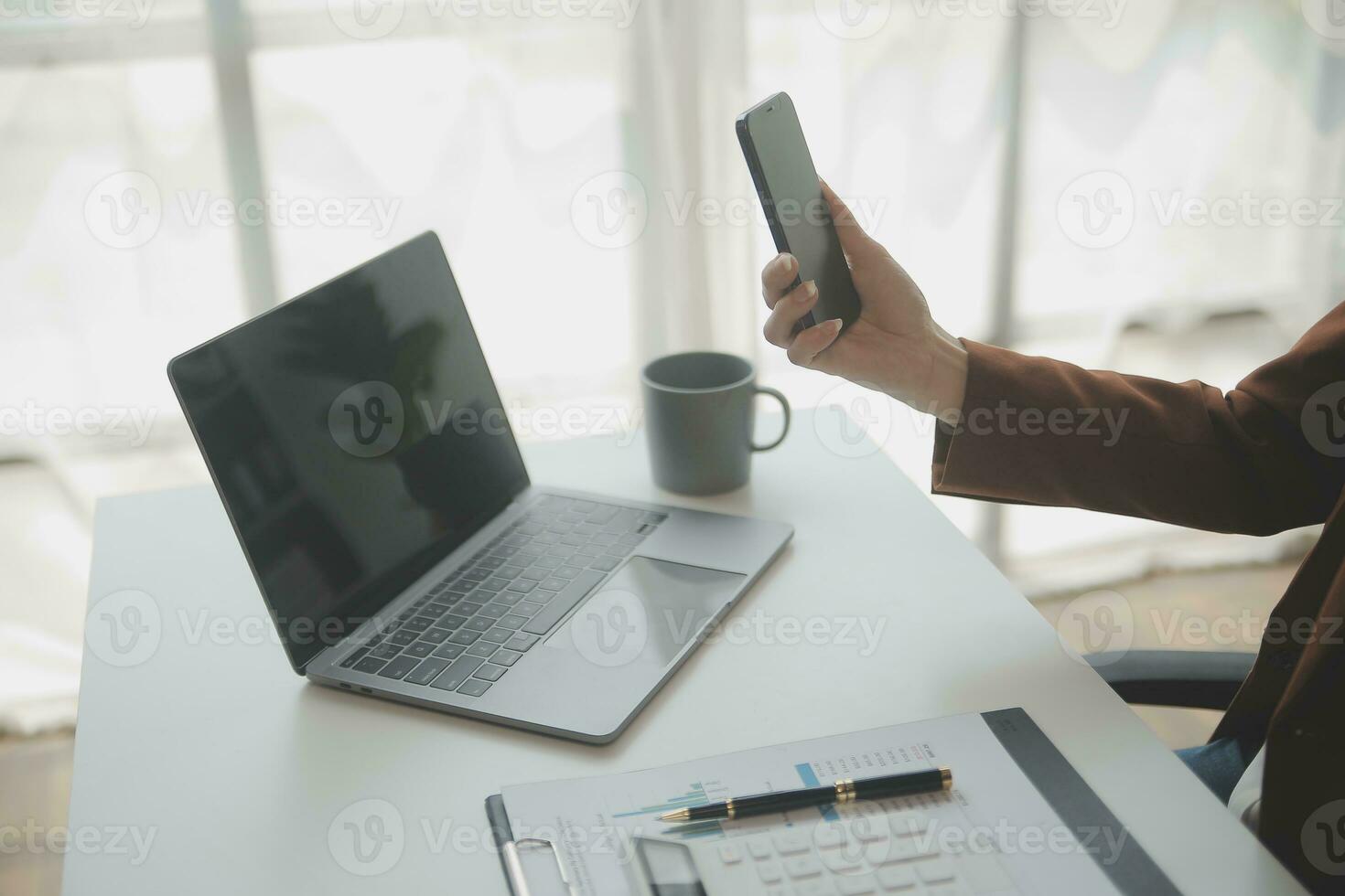 Audit concept,Administrator business man financial inspector and secretary making report calculating balance. Internal Revenue Service checking document. photo