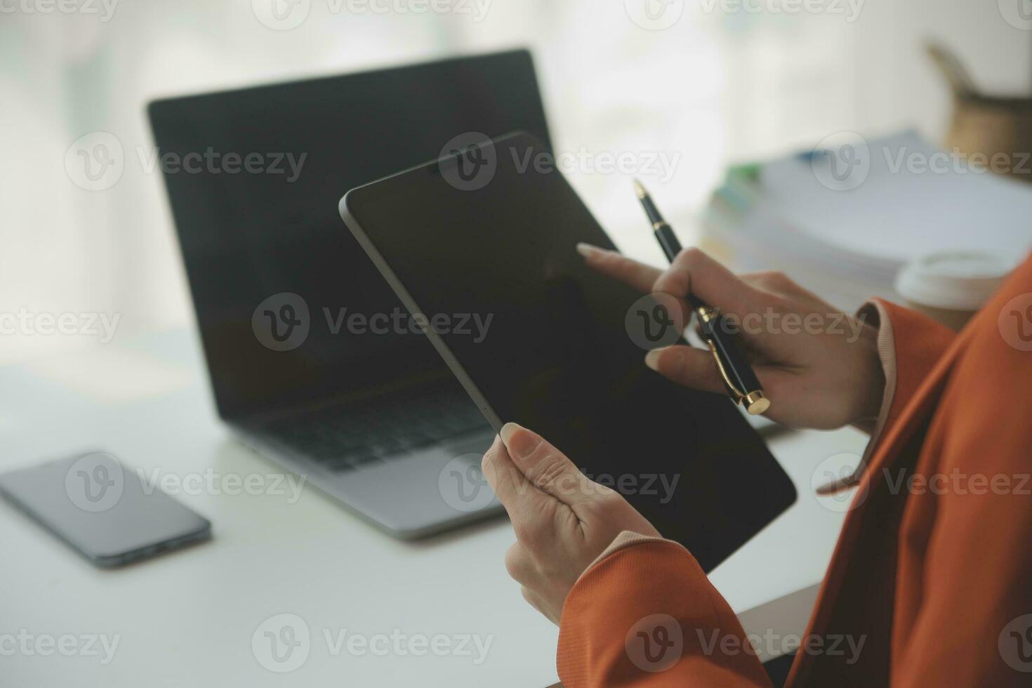 Audit concept,Administrator business man financial inspector and secretary making report calculating balance. Internal Revenue Service checking document. photo