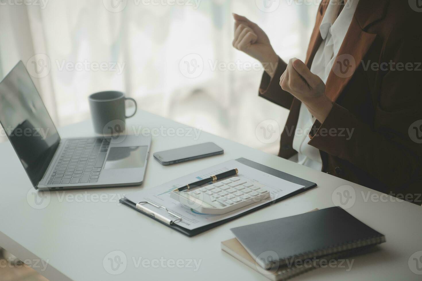 Audit concept,Administrator business man financial inspector and secretary making report calculating balance. Internal Revenue Service checking document. photo