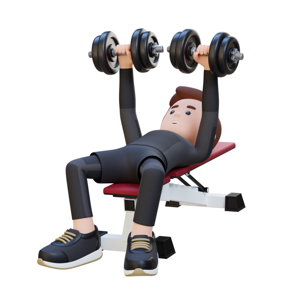3d desportista personagem escultura muscular físico com haltere Banco pressione png