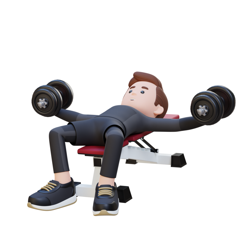 3D Sportsman Character Sculpting Muscular Chest with Dumbbell Bench Chest Fly png