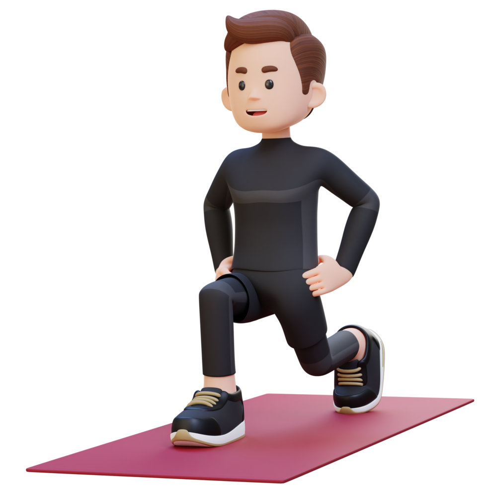 3D Sporty Male Character Performing Dynamic Lunges at the Gym png