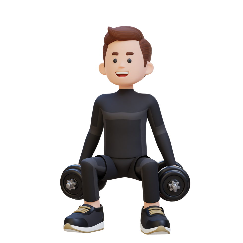 3D Sportsman Character Performing Dumbbell Squats png