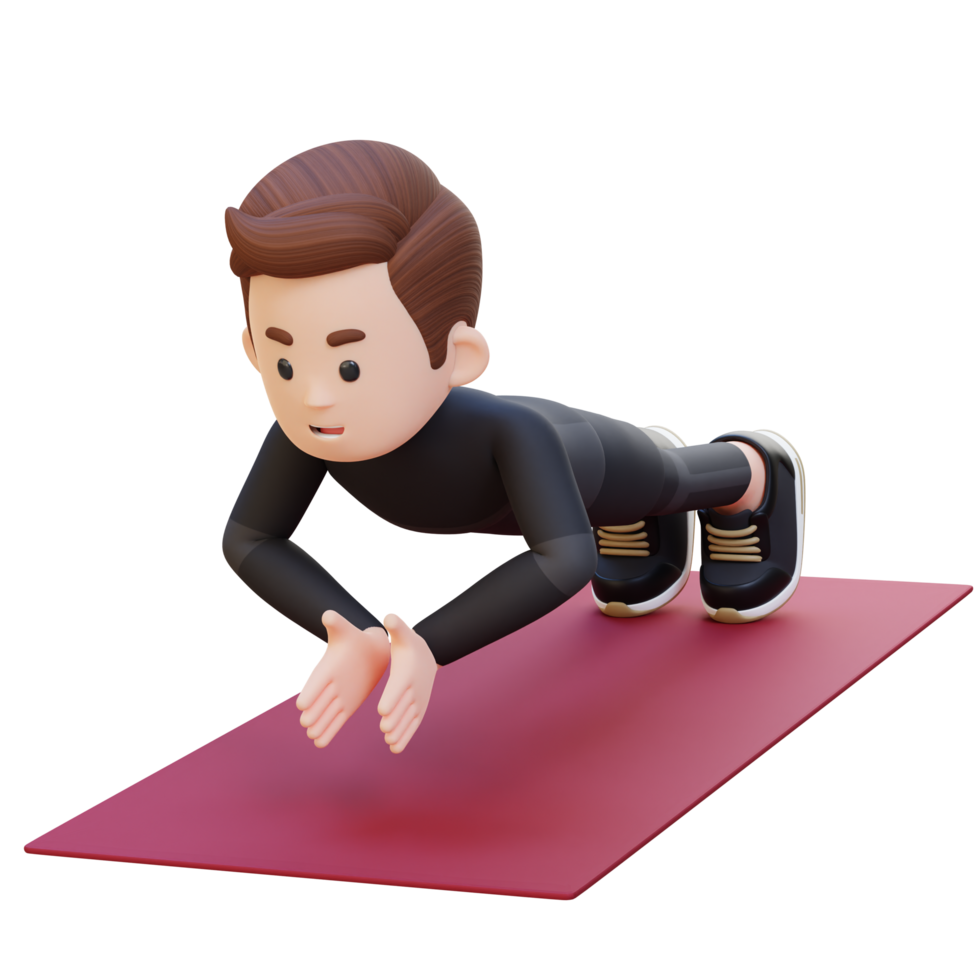 3D Sporty Male Character Performing Clap Push Up Exercise at Home Gym png