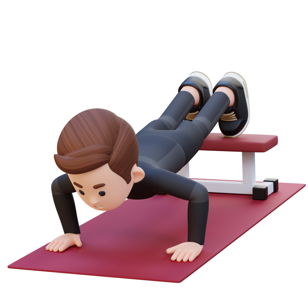 3D Sporty Male Character Performing Decline Push Up Exercise at the Gym png