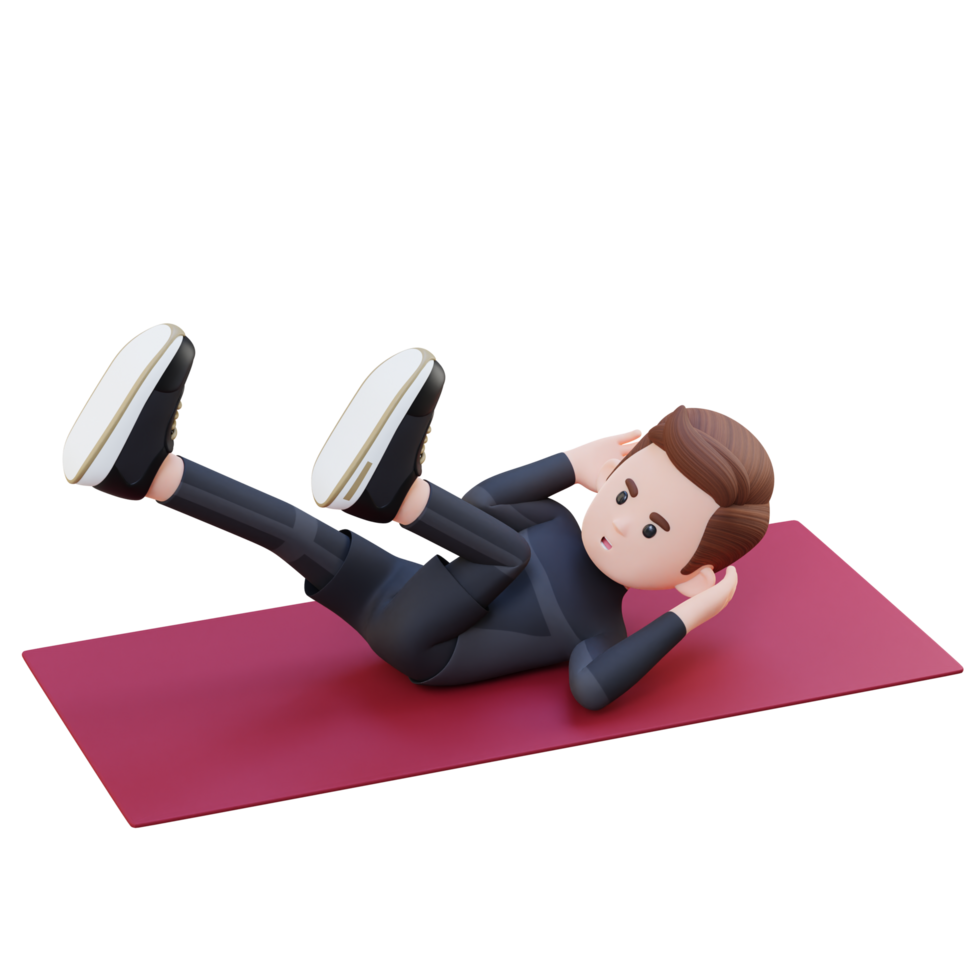 Perfect Abs 3D Sporty Male Character Mastering Bicycle Crunch at the Gym png