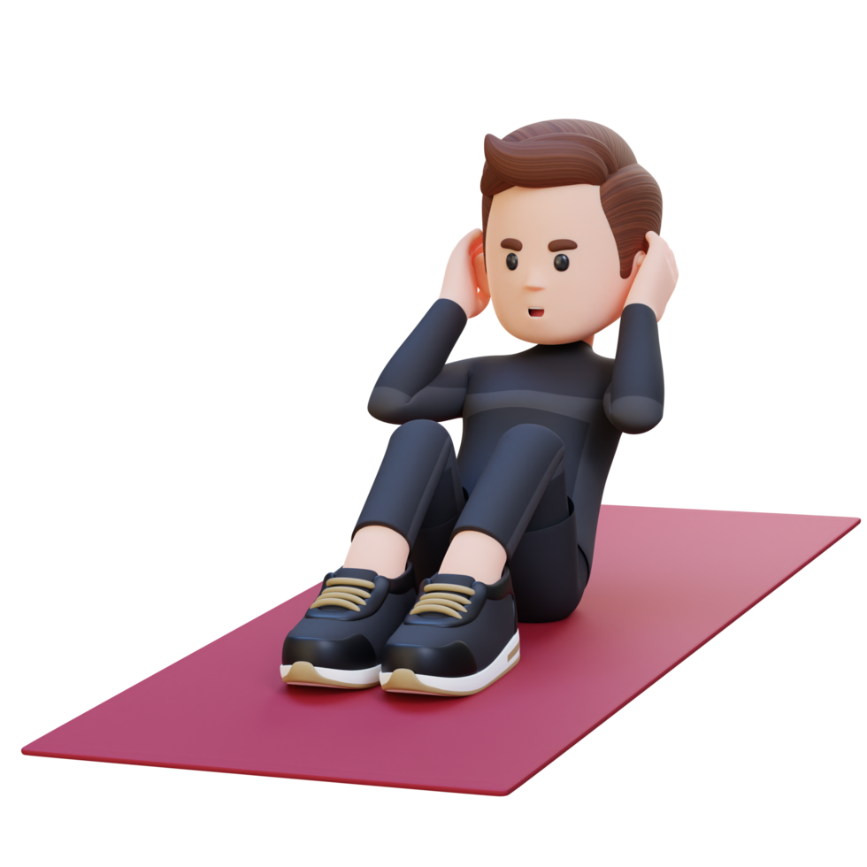 Perfect Abs 3D Sporty Male Character Mastering the Standard Crunch at the Gym png