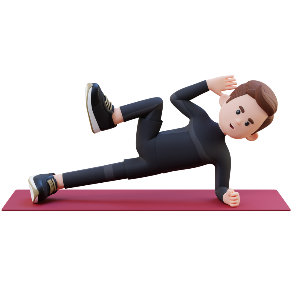 Energetic 3D Sporty Male Character Nailing the Abs Side Plank Crunch Workout at the Gym png