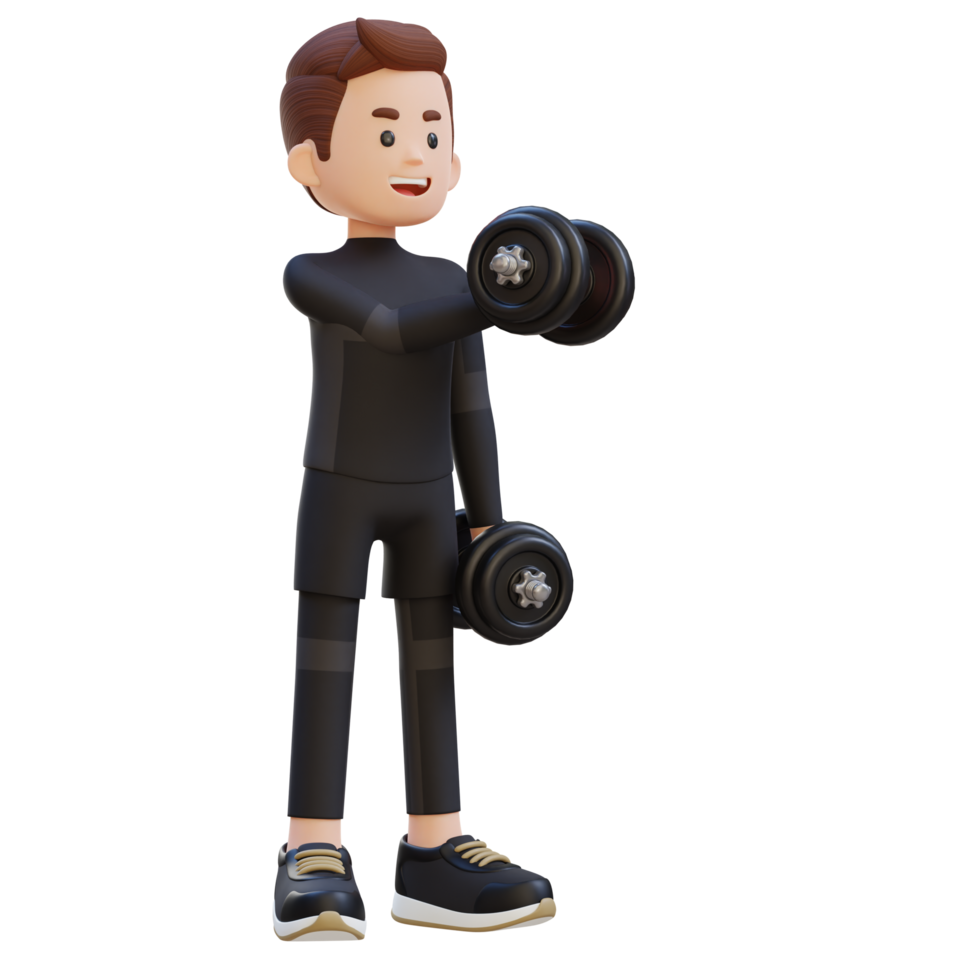 3d deportista personaje ejecutando pesa cofre mosca png