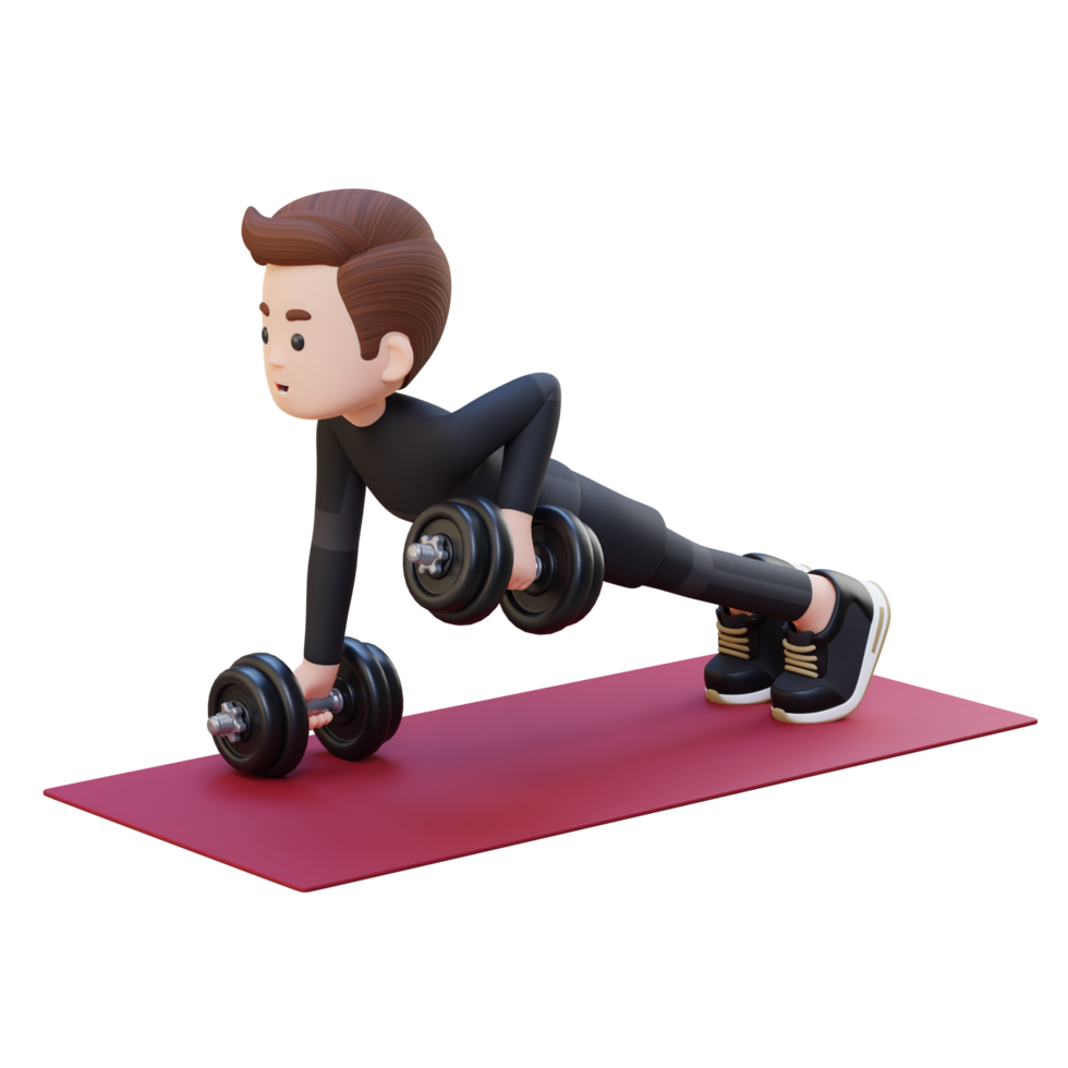3D Sportsman Character Performing Dumbbell Push Up Row png