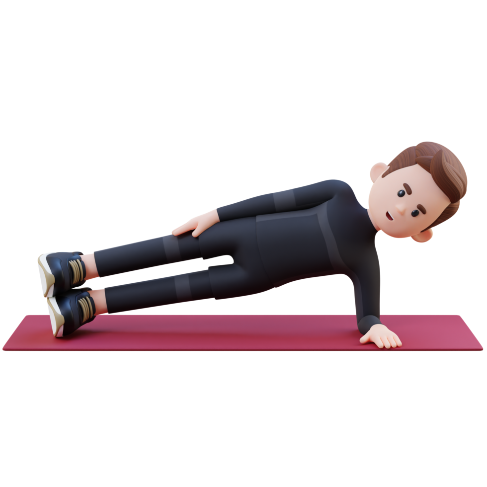 3d deportivo masculino personaje magnífico el lado tablón ejercicio a hogar gimnasio png