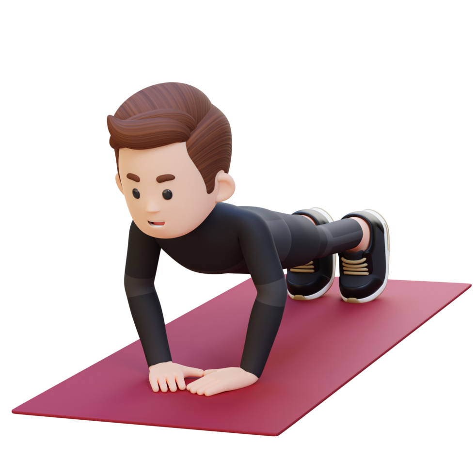 3d deportivo masculino personaje ejecutando cerca apretón empujar arriba ejercicio a hogar gimnasio png